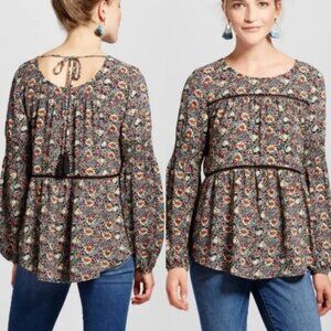 KNOX ROSE Smocked Floral Tie Back Top Black Etc Boho Long Sleeve Peasant Blouse